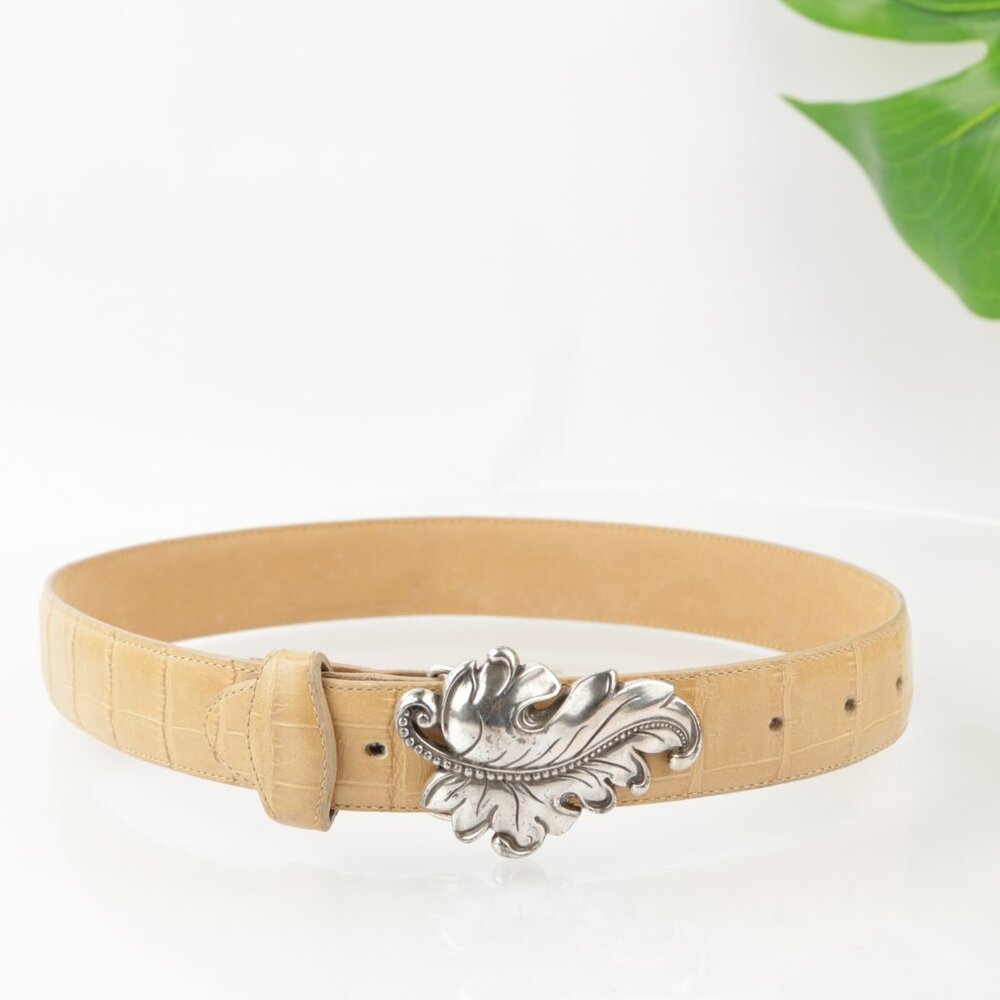 Vintage Brighton‎ Women's Belt Size S Small Tan Beige Croc Leather Leaf Buckle